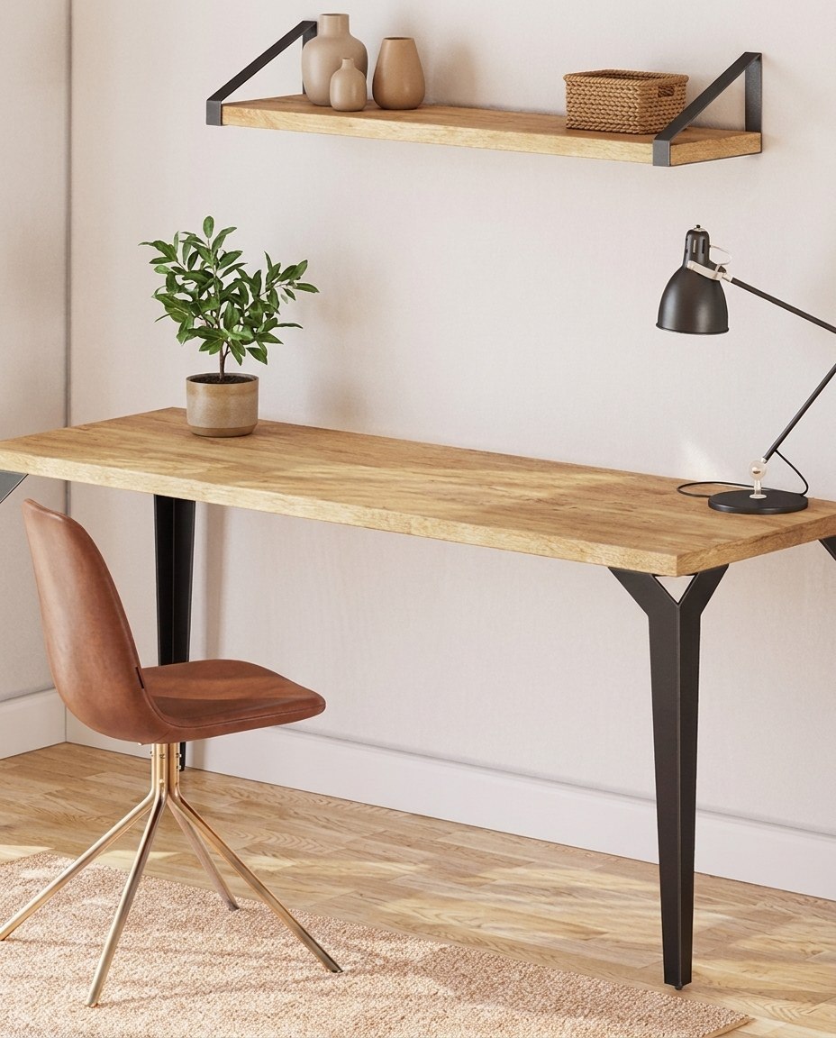 A desk and floating shelf in solid wood