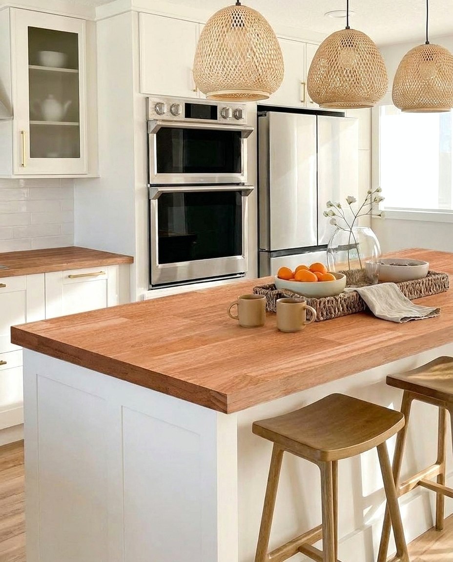 A kitchen island in solid wood, with seating