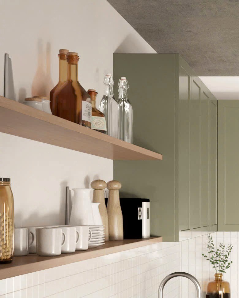Floating shelves in solid wood above a kitchen counter