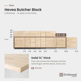Hevea butcher block size chart — 120″ × 25″