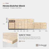 Hevea butcher block size chart — 24″ × 25″