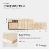 Hevea butcher block size chart — 36″ × 25″