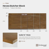 Hevea butcher block size chart — 36″ × 25″
