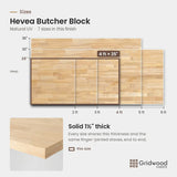 Hevea butcher block size chart — 48″ × 25″