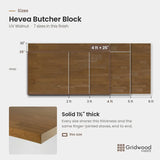 Hevea butcher block size chart — 48″ × 25″