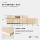 Hevea butcher block size chart — 60″ × 25″