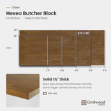 Hevea butcher block size chart — 60″ × 25″