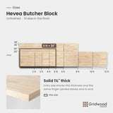 Hevea butcher block size chart — 60″ × 30″