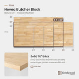 Hevea butcher block size chart — 60″ × 30″