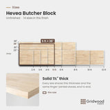 Hevea butcher block size chart — 60″ × 36″
