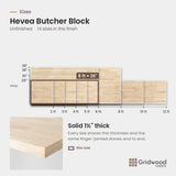 Hevea butcher block size chart — 72″ × 25″