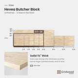 Hevea butcher block size chart — 72″ × 30″