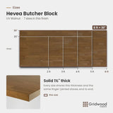 Hevea butcher block size chart — 72″ × 30″