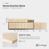 Hevea butcher block size chart — 96″ × 25″