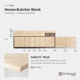 Hevea butcher block size chart — 96″ × 25″