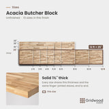 Acacia butcher block size chart — 144″ × 25″