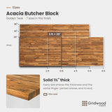 Acacia butcher block size chart — 36″ × 25″