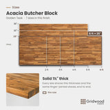 Acacia butcher block size chart — 72″ × 25″
