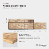 Acacia butcher block size chart — 96″ × 25″