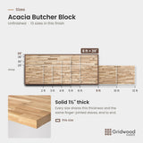 Acacia butcher block size chart — 96″ × 39″