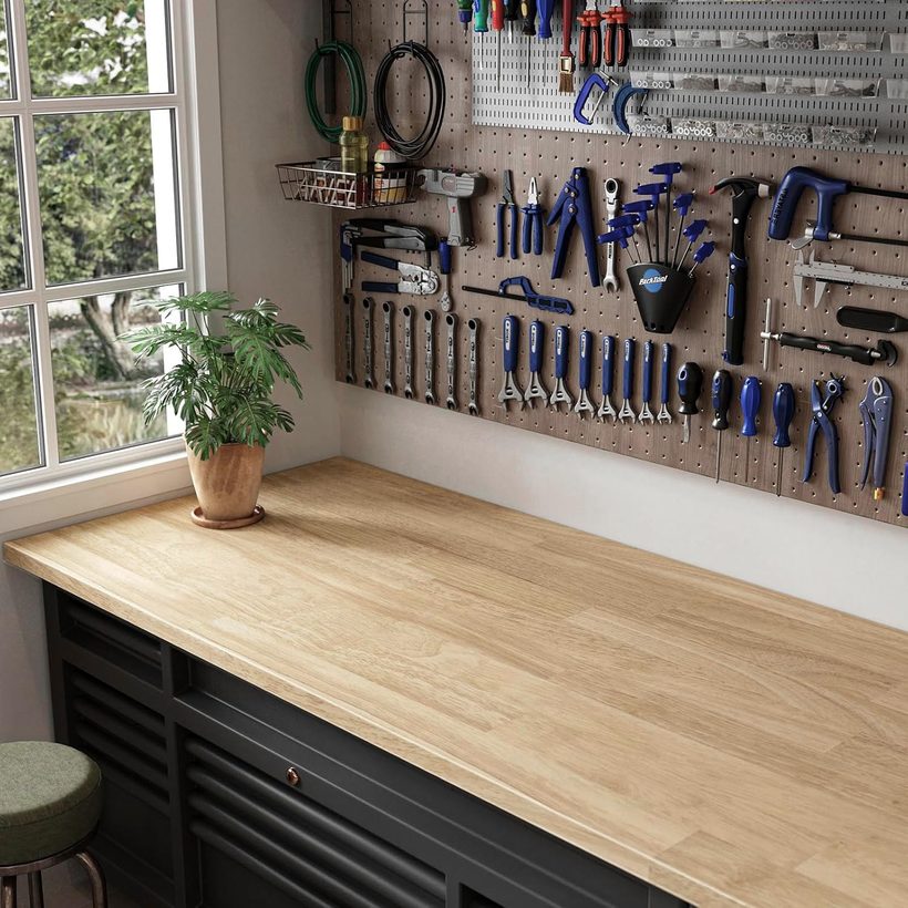 A full-wall run along a workshop bench