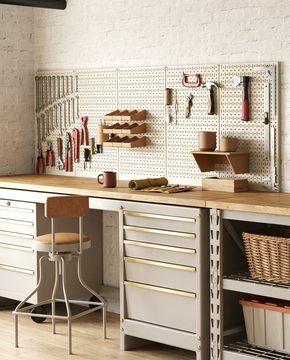 A garage workbench topped with solid wood