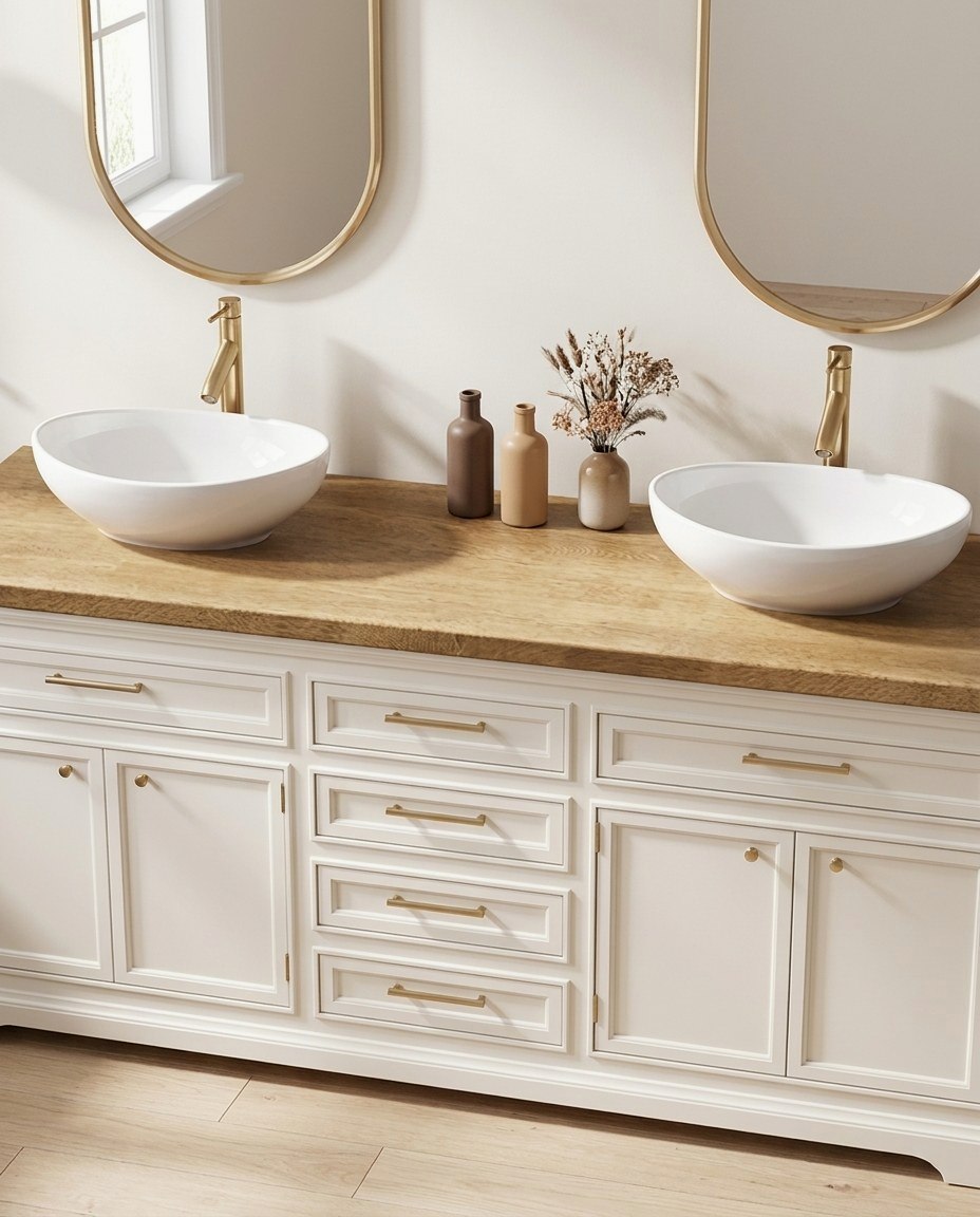 A vanity topped with solid wood