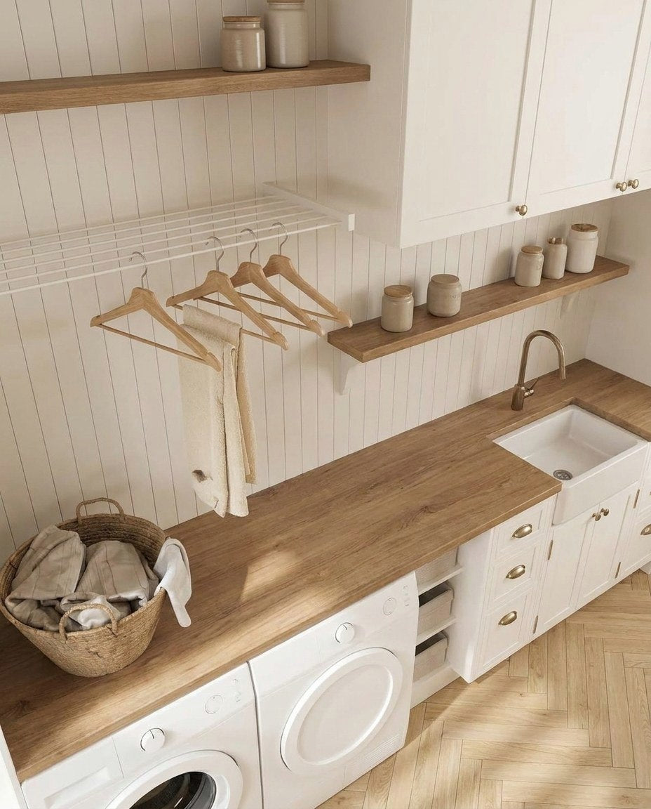 One long counter running the full length of a laundry room