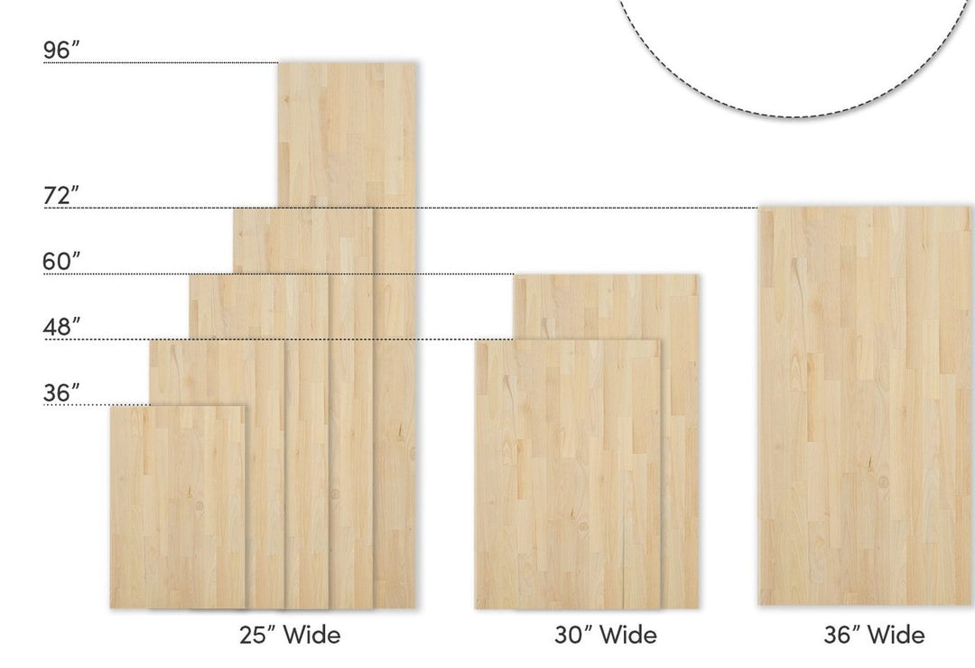 The five stock lengths drawn to scale - 36, 48, 60, 72 and 96 inches - against the three stock widths of 25, 30 and 36 inches