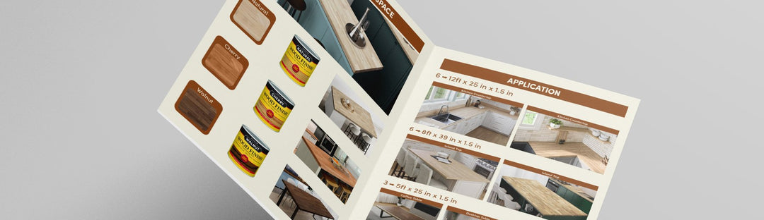 The printed catalogue, open at the finishes and application spreads